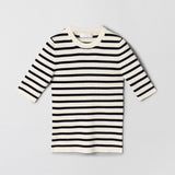 Midi Sleeve Rib Tee Cream Navy Stripe