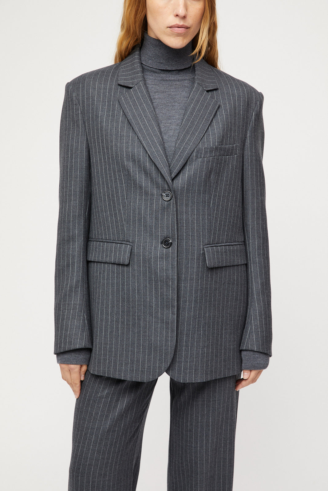 Port Oversized Blazer Dark Charcoal Pinstripe – Fall Winter Spring