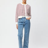 Classic Cotton Cardigan Cream Winetasting Stripe