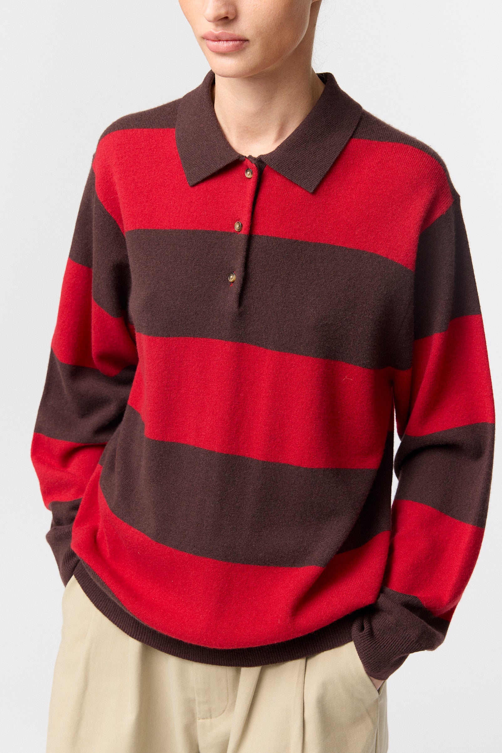 Estate Pique Sweater Chocolate Brown and Crimson Stripe