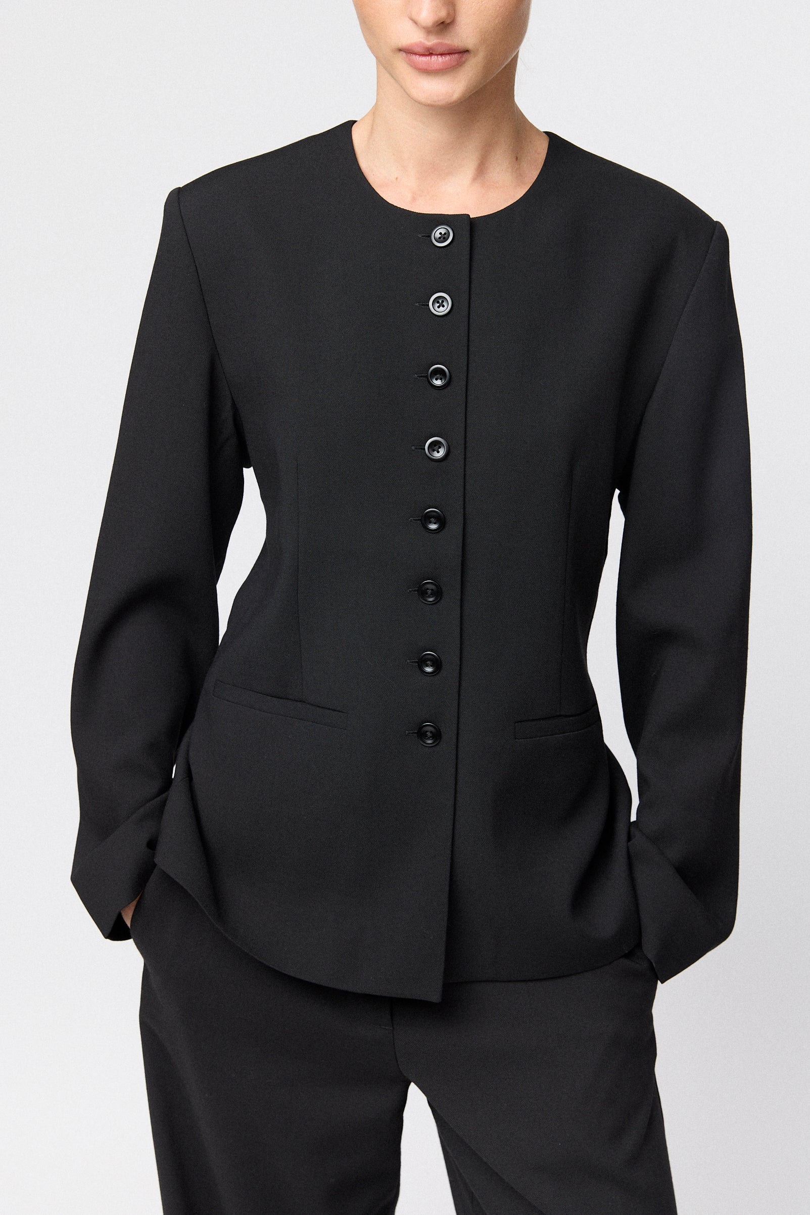 Tailored Round Neck Blazer Jet Black