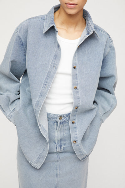 【JEMUT】24SS★ Bellow Washing Denim Shirt Oversized Bleach Wash Denim Shirt | boohoo CA