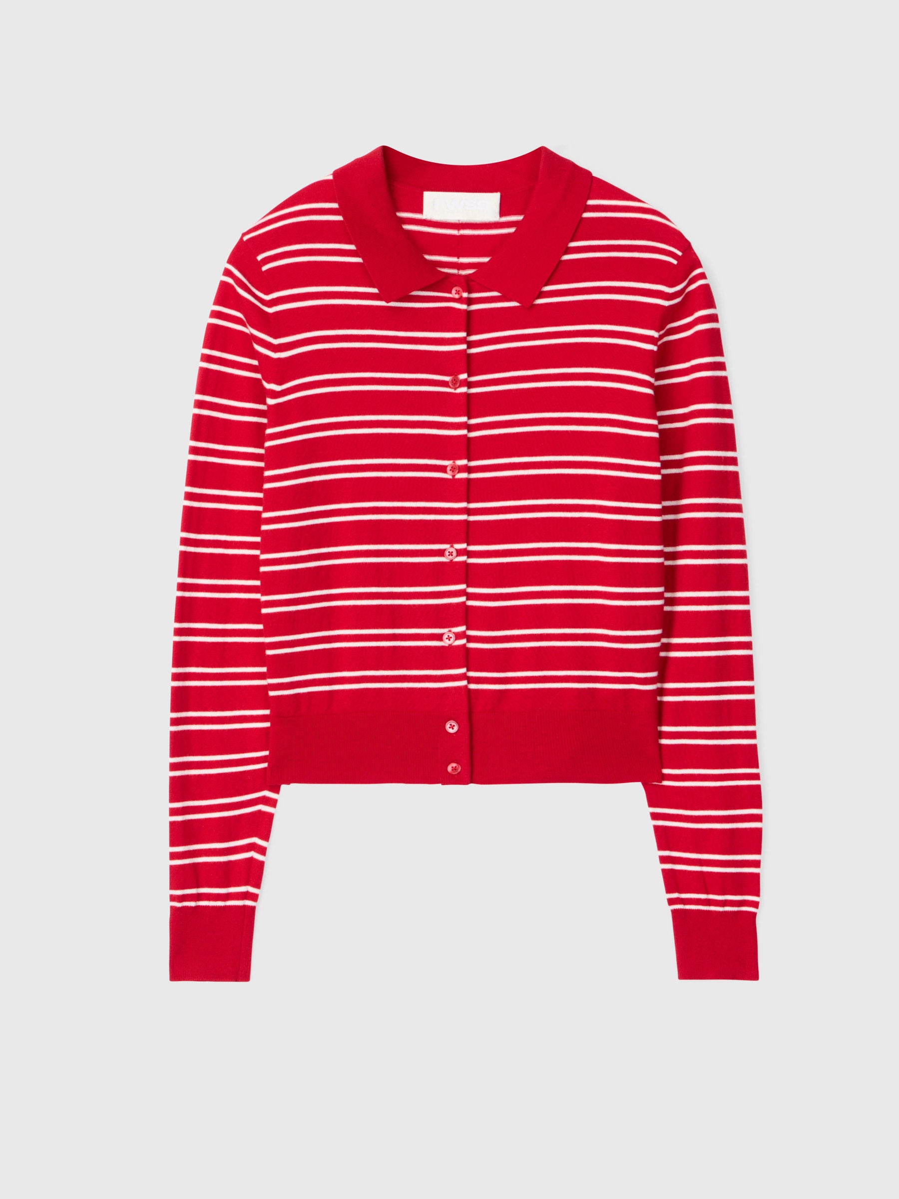 Cotton Silk Collared Cardigan Crimson Cream Stripe
