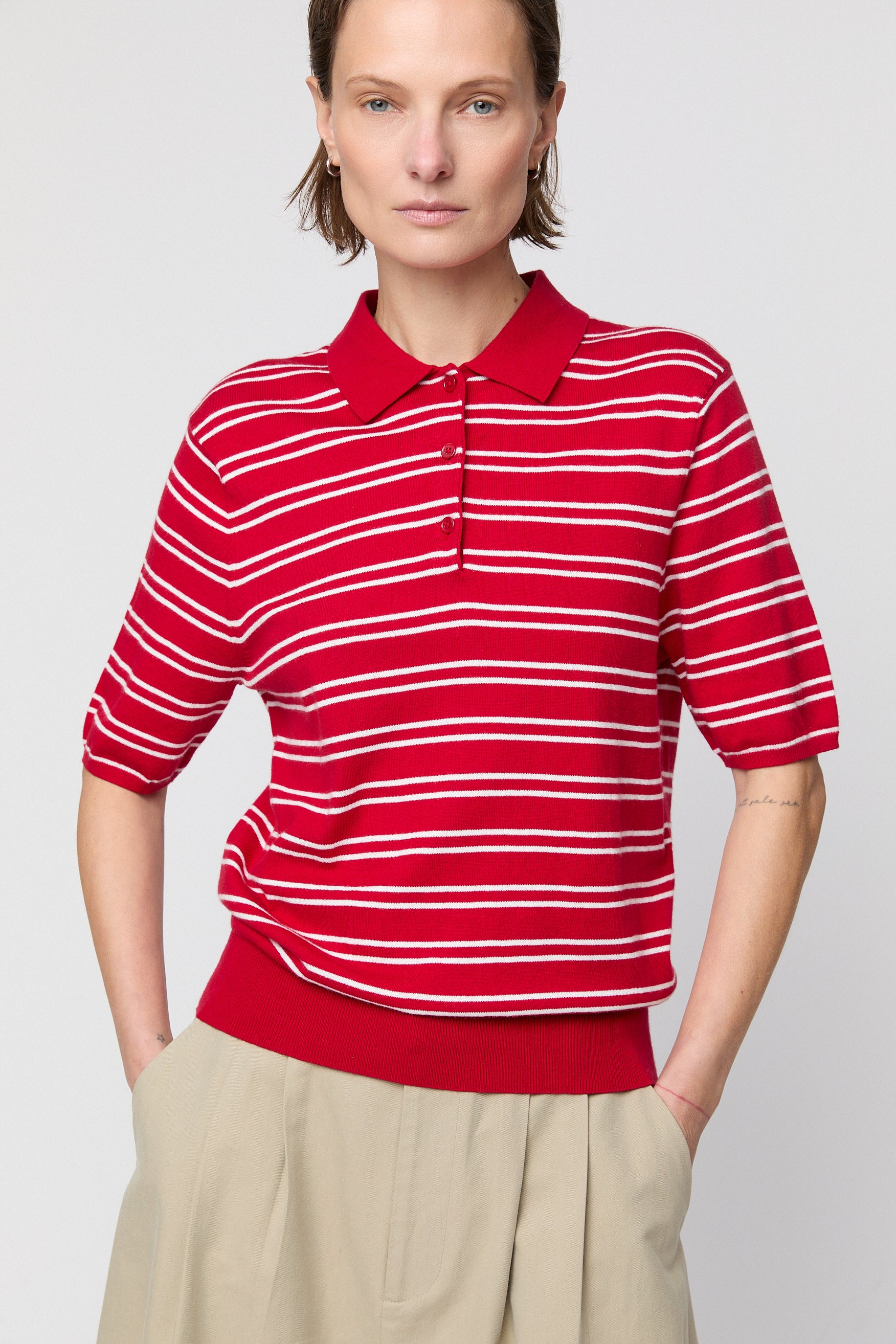 Knit Polo Tee Crimson Cream Stripe