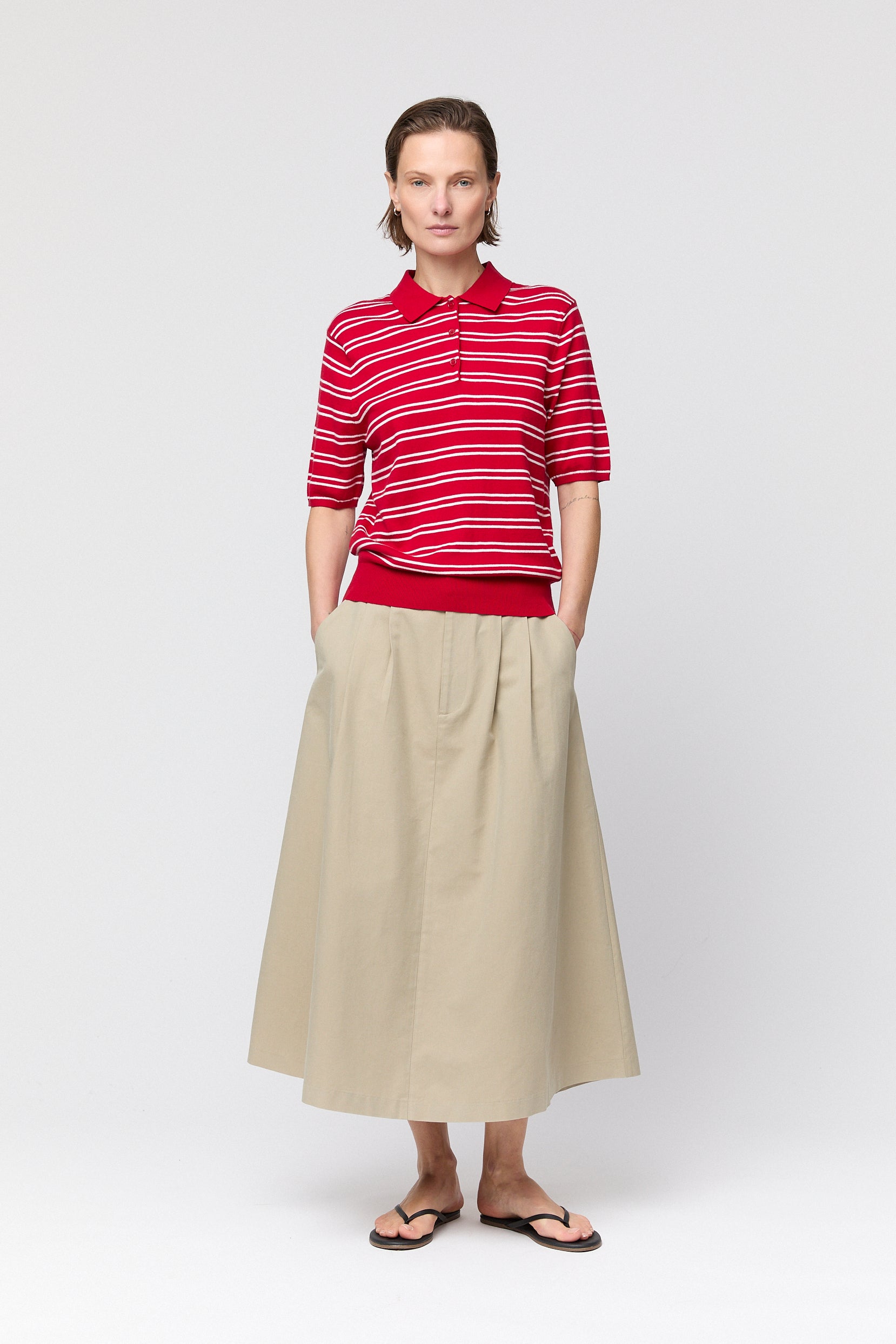 Knit Polo Tee Crimson Cream Stripe