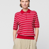 Knit Polo Tee Crimson Cream Stripe
